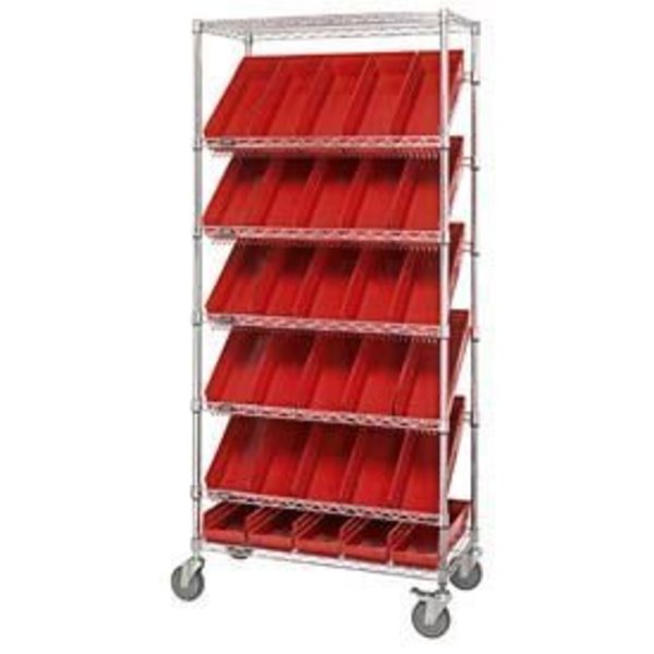 Global Equipment Easy Access Slant Shelf Chrome Wire Cart, 30 4"H Shelf Bins Red, 36Lx18Wx74H 269003RD